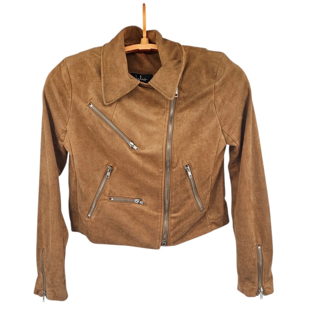 Lulus‎ Brown Suede Moto Jacket Large-Zippers Cropped Edgy Boho Chic